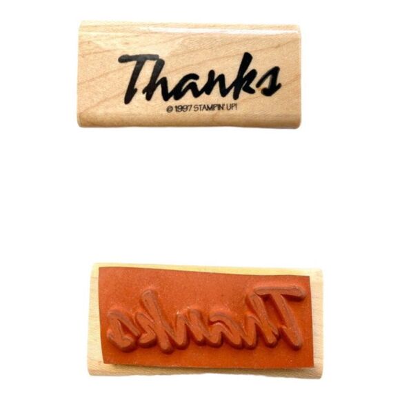 New Stampin Up Vintage 1997 Thanks Wooden Rubber Fancy Script Single Word Stamp - Picture 1 of 2